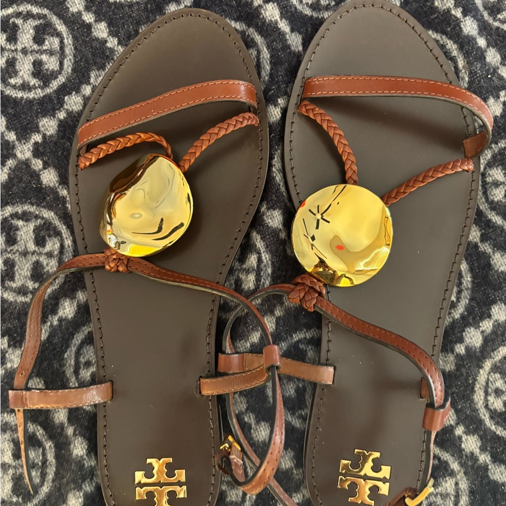Tory Burch Tan Sandals with Gold Medallions